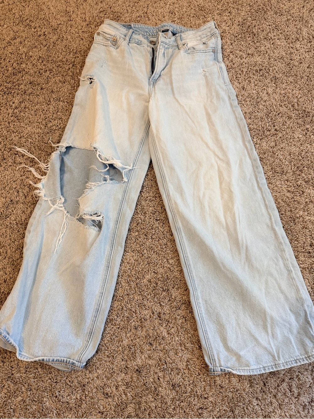 American Eagle Outfitters Light Wash Wide-Leg Distressed Jeans